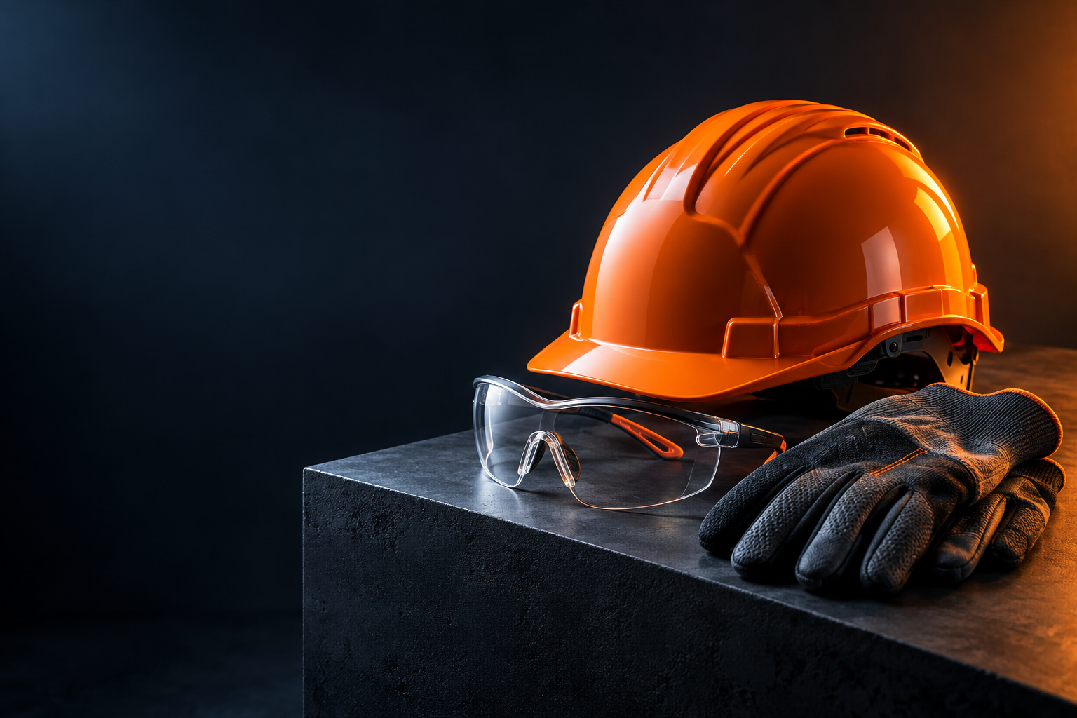 Pomarańczowy kask, okulary i rękawice ochronne — grafika ilustracyjna BHP